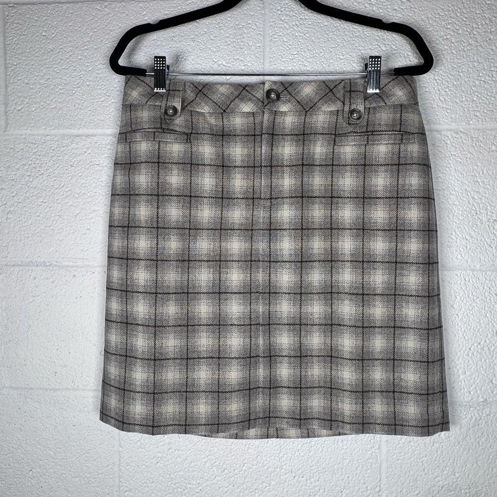 Eddie Bauer Wool Blend Plaid Skirt Gray Taupe Lined Classic Fall Winter Sz 10